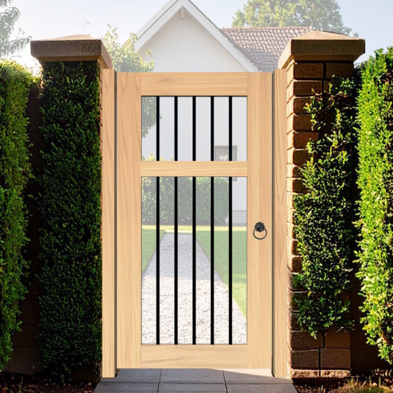 Oak Pedestrian Gate with a flat top and metal spindles - The Kingswear