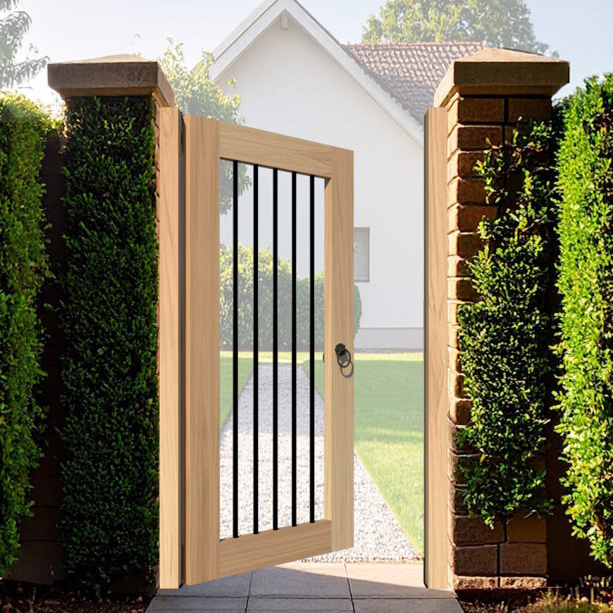 Pedestrian Side Gate in Oak - Flat top with black vertical spindles - The Ivybridge - open