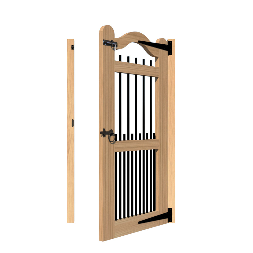 Pedestrian Side Gate in Oak - Swan top with black vertical spindles - The Harpford_Scene 3