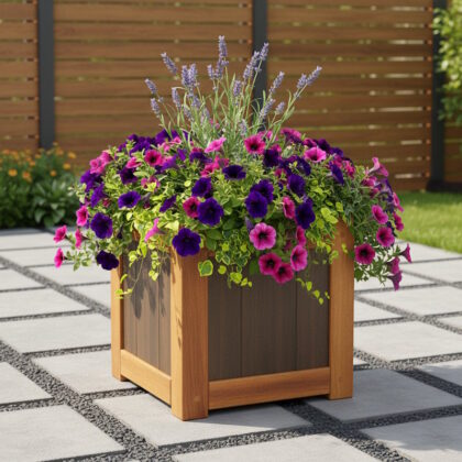 Box Planter Wooden and Composite with flowers for outdoors